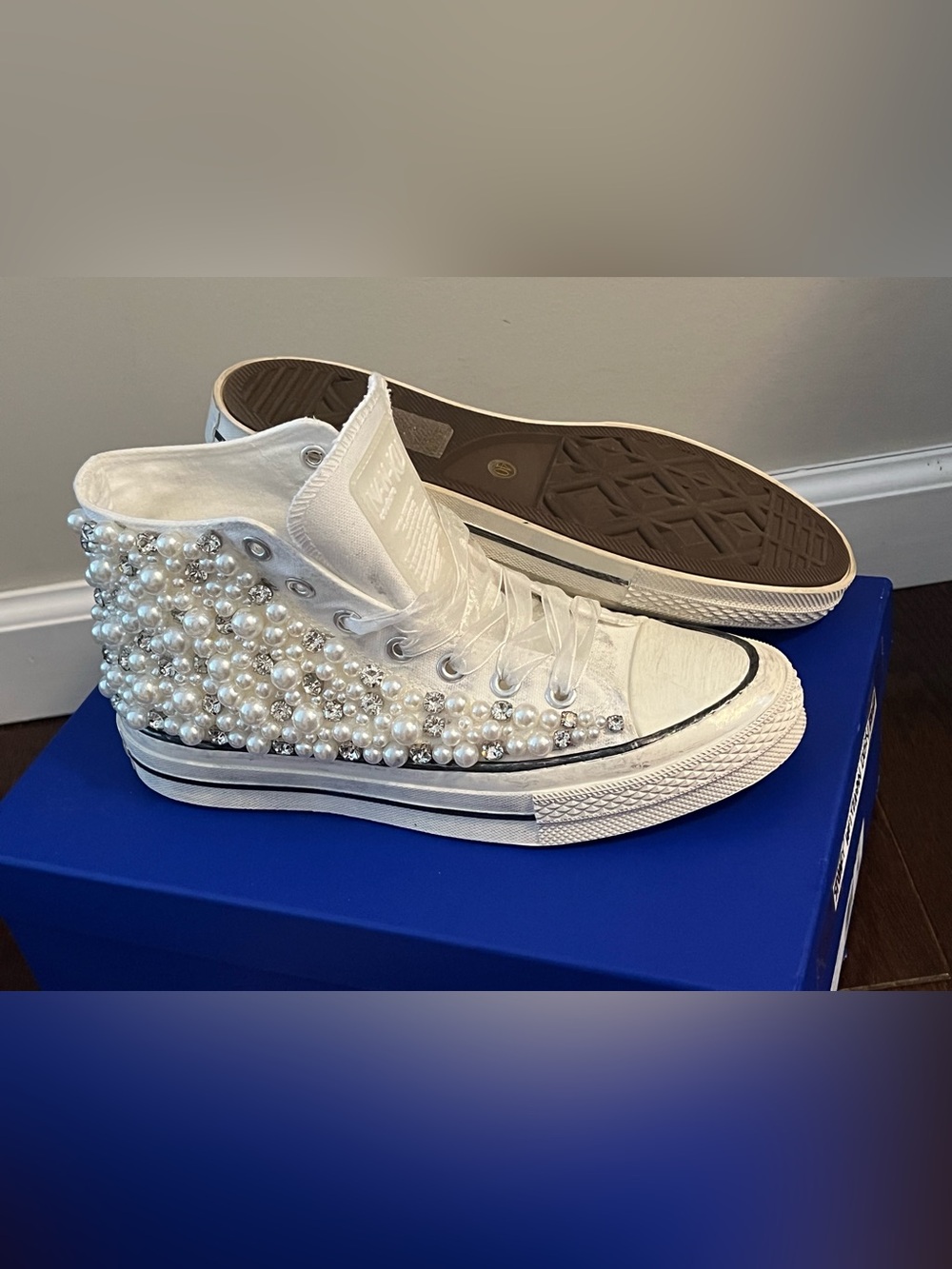 Pearl-Embellished White High-Top Sneakers for Women